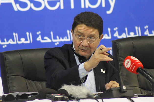 UNWTO Secretary General Taleb Rifai makes some remarks during a round up press conference in Livingstone Zambia