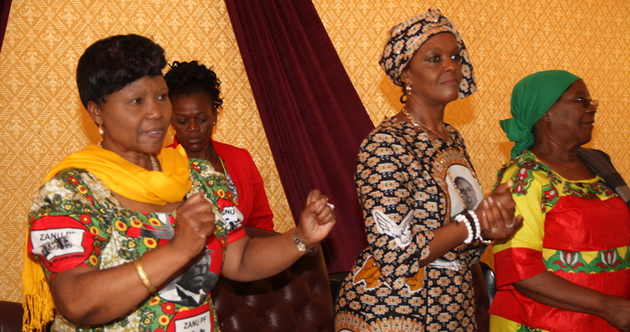 First Lady Amai Grace Mugabe is flanked by zanu-pf Secretary for Women’s League Cde Oppah Muchinguri (left) and Bulawayo Provincial Affairs Minister Cde Eunice Sandie Moyo at her “Meet the People” rally at the City Sports Centre in Harare yesterday