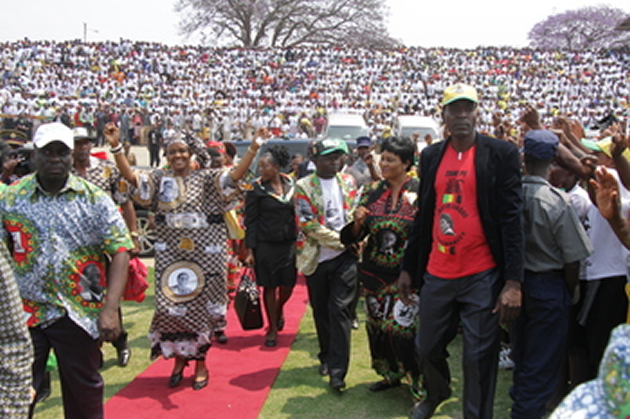 First Lady Amai Grace Mugabe arrives to a resounding welcome at Sakubva Stadium in Mutare yesterday. - (Picture by Tinai Nyadzayo)