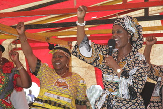 The First Lady Amai Grace Mugabe addresses a rally at Chipadze Stadium in Bindura yesterday. — (Picture by John Manzongo)