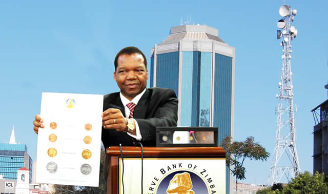 This graphic shows Reserve Bank of Zimbabwe Governor Dr John Mangudya showing the bond coins which start circulating today