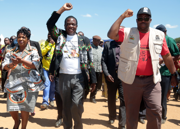 Vice President Emmerson Mnangagwa, Zanu-PF national commissar Cde Saviour Kasukuwere and party candidate for this week’s Chirumhanzu-Zibagwe Constituency by-election Cde Auxillia Mnangagwa make a grand entrance into Mvuma stadium last Saturday for the final campaign rally that also coincided with the belated Women’s Day commemorations – Picture: Believe Nyakudjara