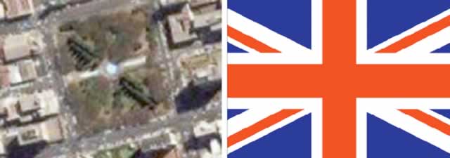 This collage shows an aerial view of Africa Unity Square in Harare whose design was modelled from the Union Jack (right) a symbol of colonial conquest