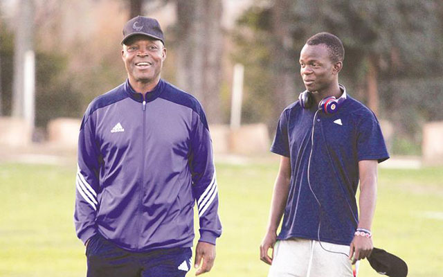 WELCOME BACK SON . . . Warriors coach Sunday Chidzambwa welcomes winger Leeroy Mavhunga back into camp at Yadah Hotel Complex yesterday after the forward’s return from his trial stint in Portugal with giants Benfica. — Picture by Kudakwashe Hunda