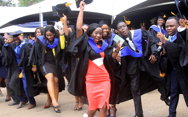 Harare Institute of Technology graduates celebrate after being capped by the Chancellor of the Institute President Mugabe in Harare yesterday. — Picture by Munyaradzi Chamalimba