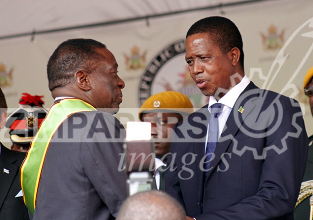 President Emmerson Mnangagwa being congratulated by Zambian President Edgar Lungu soon after his inauguration in Harare this afternoon. Picture by John Manzongo