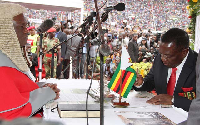 President Emmerson Mnangagwa, seen here signing his Oath of Office before Chief Justice Luke Malaba during his swearing in as Head of State last Friday last week, has been endorsed by Zanu-PF Mashonaland West provincial leadership as the party’s                       presidential candidate for the 2018 harmonised elections