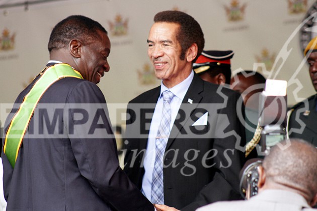 President Emmerson Mnangagwa being congratulated by Botswana President Ian Khama soon after his inauguration this afternoon. Picture by John Manzongo