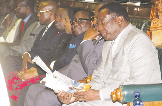 President Emmerson Mnangagwa, flanked by Cabinet Ministers, follows proceedings at the National Budget presentation by Finance and Economic Development Minister Patrick Chinamasa in Parliament yesterday. — (Picture by John Manzongo)