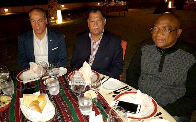 COSAFA CONNECTION . . . Zifa president Philip Chiyangwa (right) and his South African Football Association counterpart Danny Jordaan (centre) prepare for dinner in Muscat, Oman, last night where they are attending a high-profile Fifa Executive Football Summit